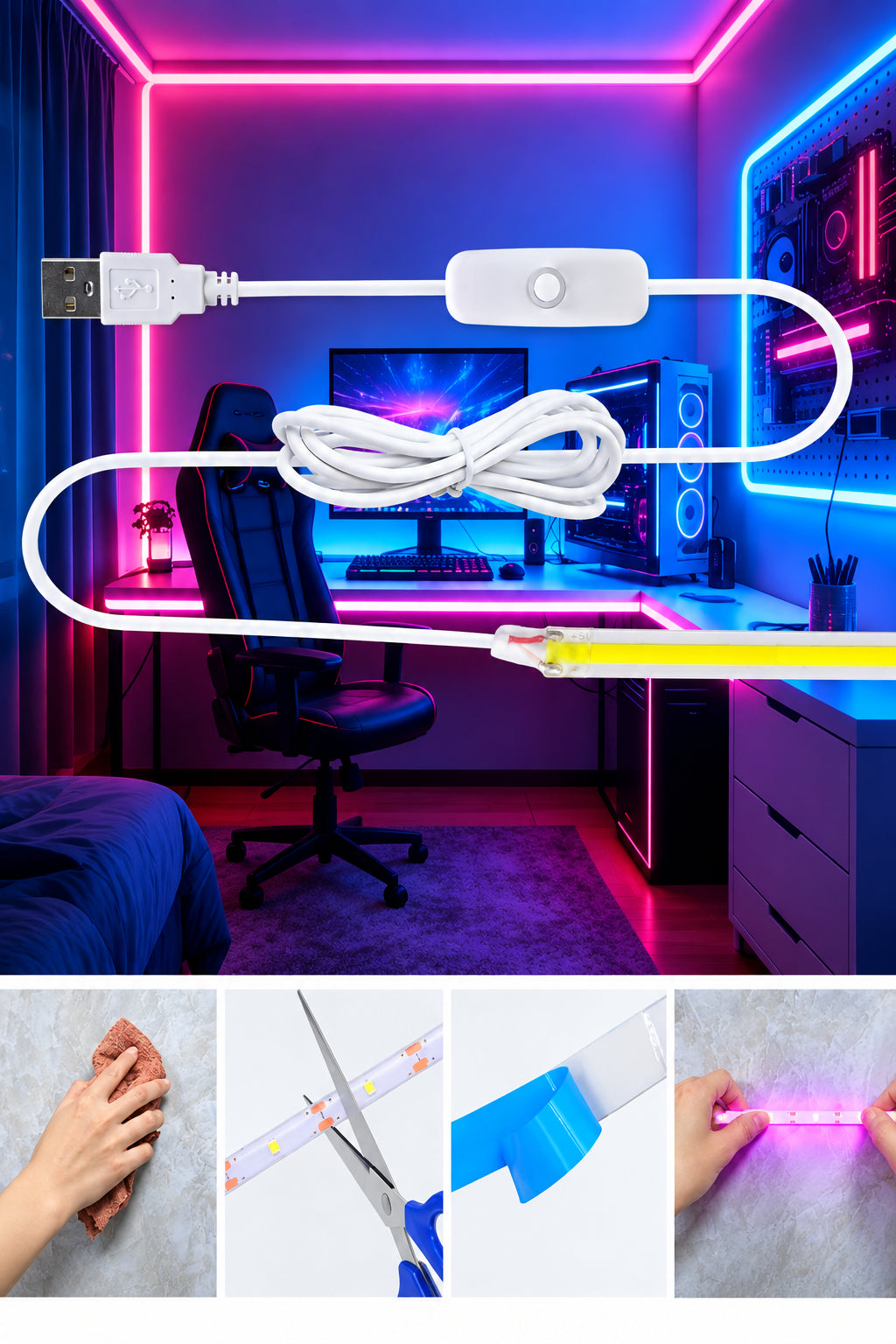 Trendbay 1M White LED Light Strip with Push-Button Switch