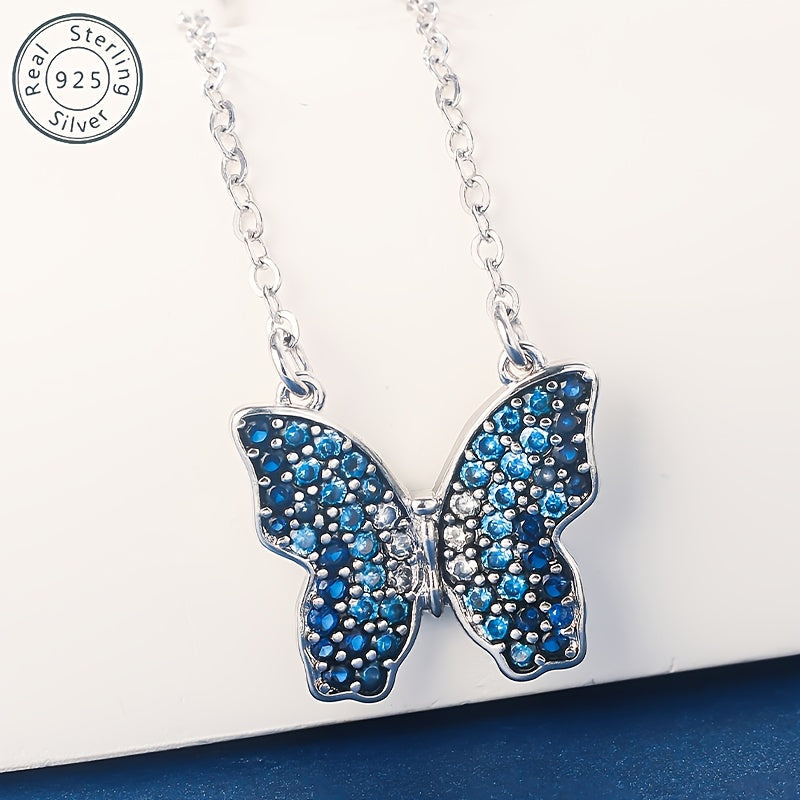 Trendbay 925 Sterling Silver Blue Butterfly Pendant Necklace with 5A Zirconia – Elegant Women's Jewelry Gift Set