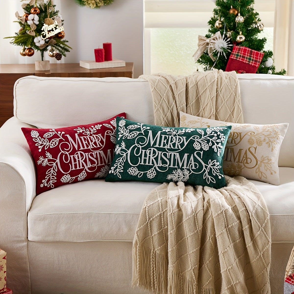 Trendbay Chenille Christmas Pillowcase – Embroidered “Merry Christmas”