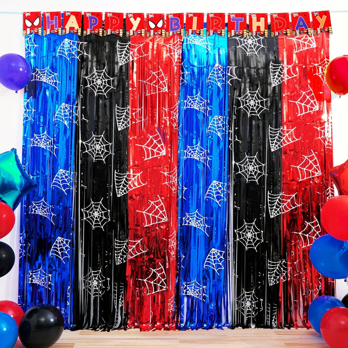 Trendbay Spider Web Foil Fringe Backdrop – Red, Black & Blue