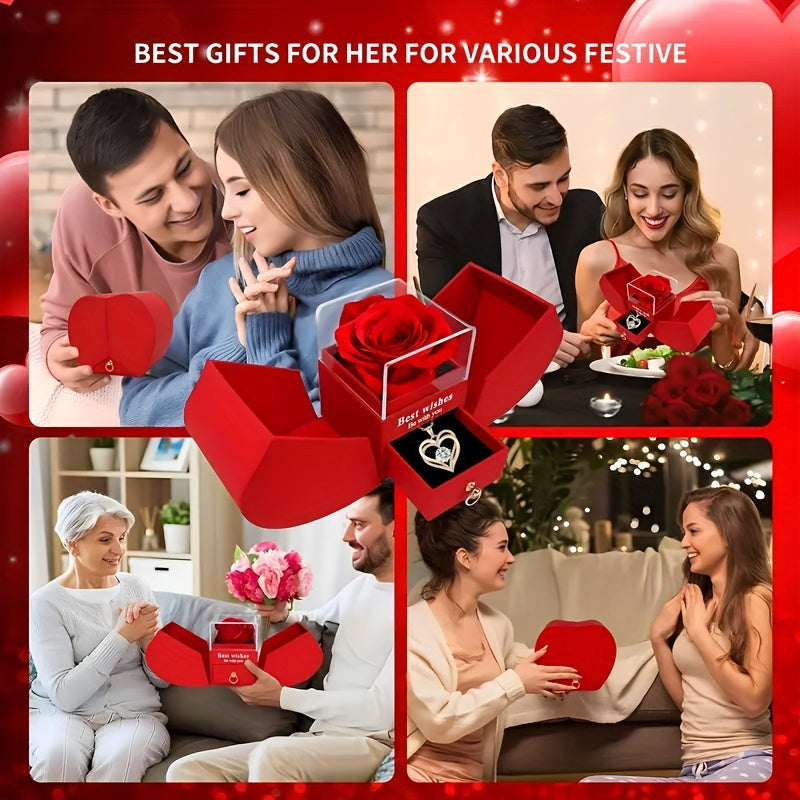 Trendbay Double-Layer Heart Pendant Necklace Gift Set with Rose Box & Greeting Card