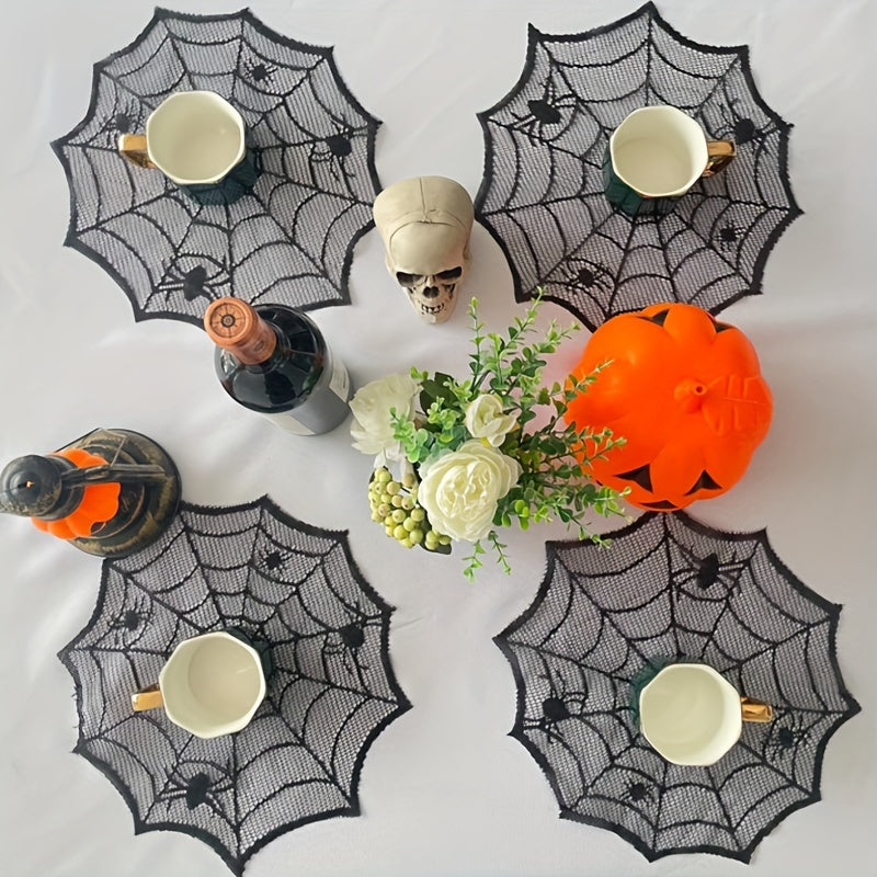 Trendbay 4-Piece Black Lace Halloween Placemats – 30 × 30CM Round Polyester