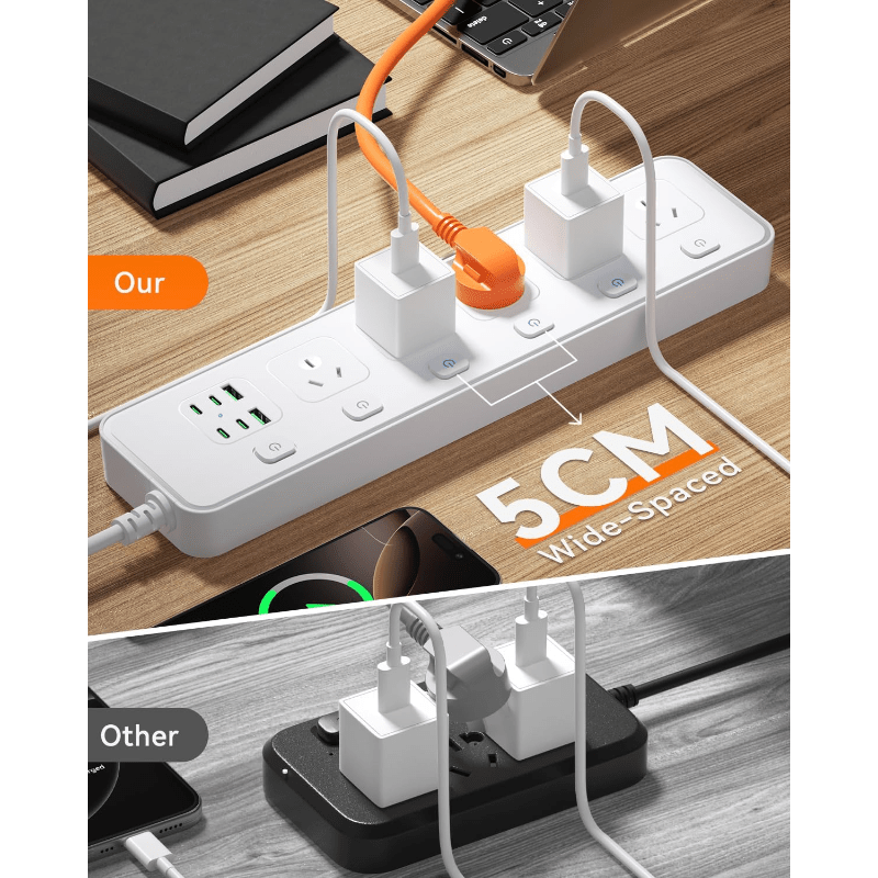 Trendbay Power Strip – 5 AC Outlets & 6 USB (USB-C Fast Charging), Individual Switches, 1.8m Cord, 3250W Overload Protection