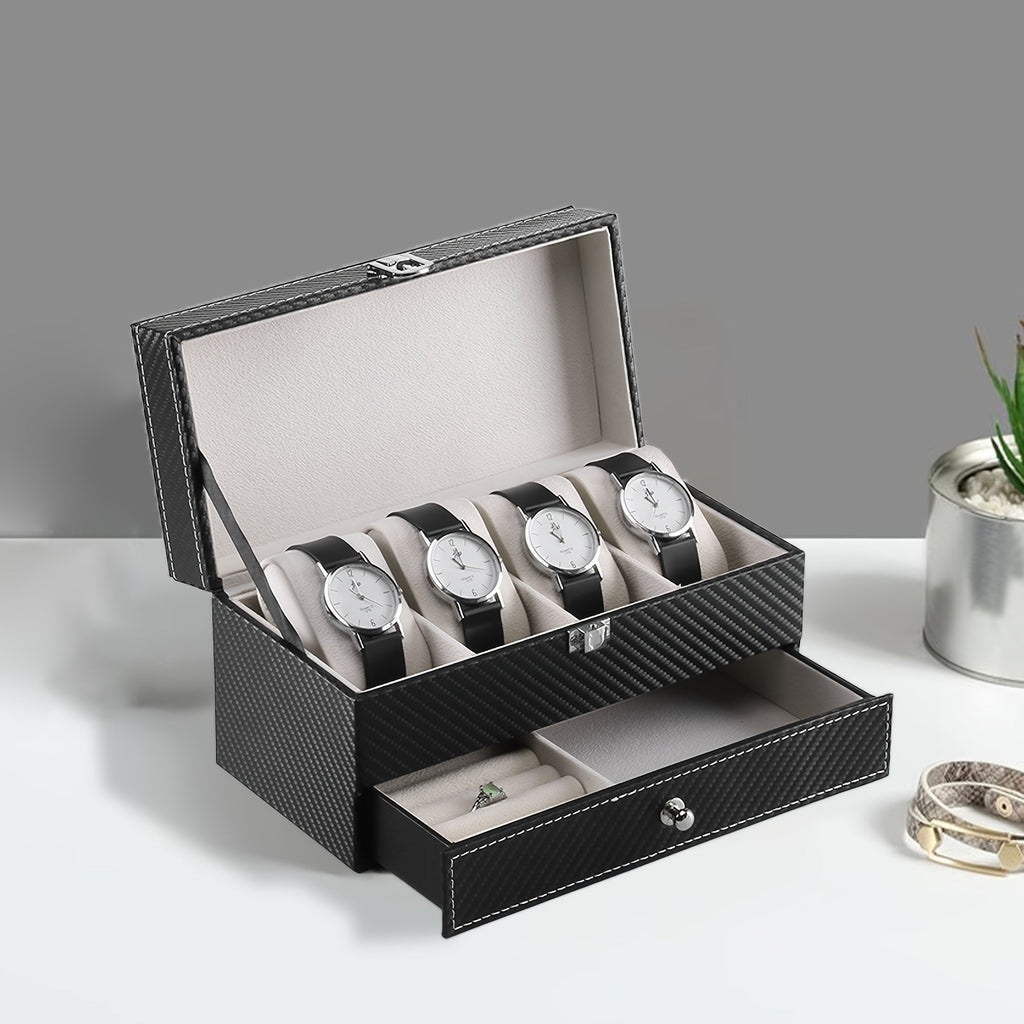 Trendbay Luxury Carbon Fiber Watch Display Box with Jewelry Drawer – 4-Slot Watch Organizer
