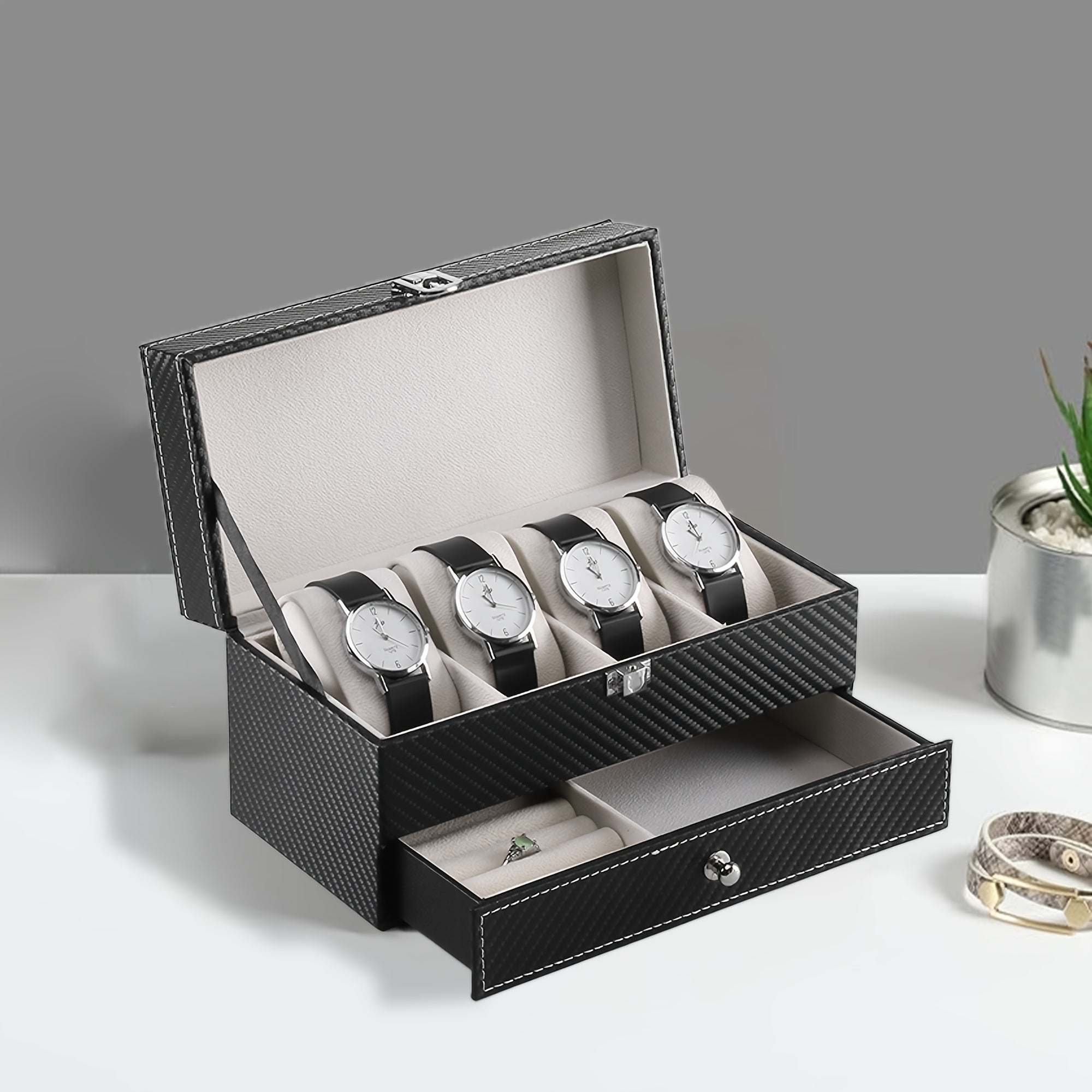 Trendbay Luxury Carbon Fiber Watch Display Box with Jewelry Drawer – 4-Slot Watch Organizer