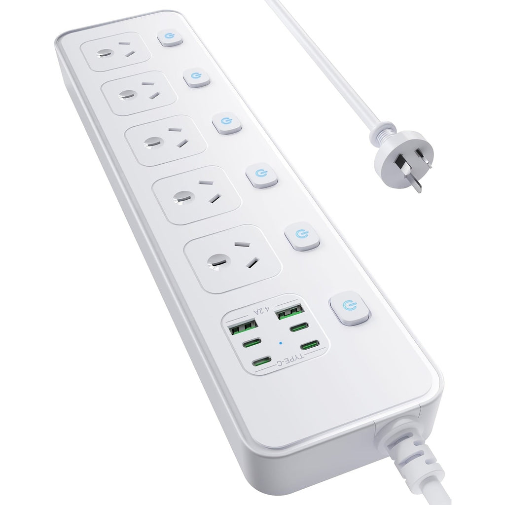 Trendbay Power Strip – 5 AC Outlets & 6 USB (USB-C Fast Charging), Individual Switches, 1.8m Cord, 3250W Overload Protection