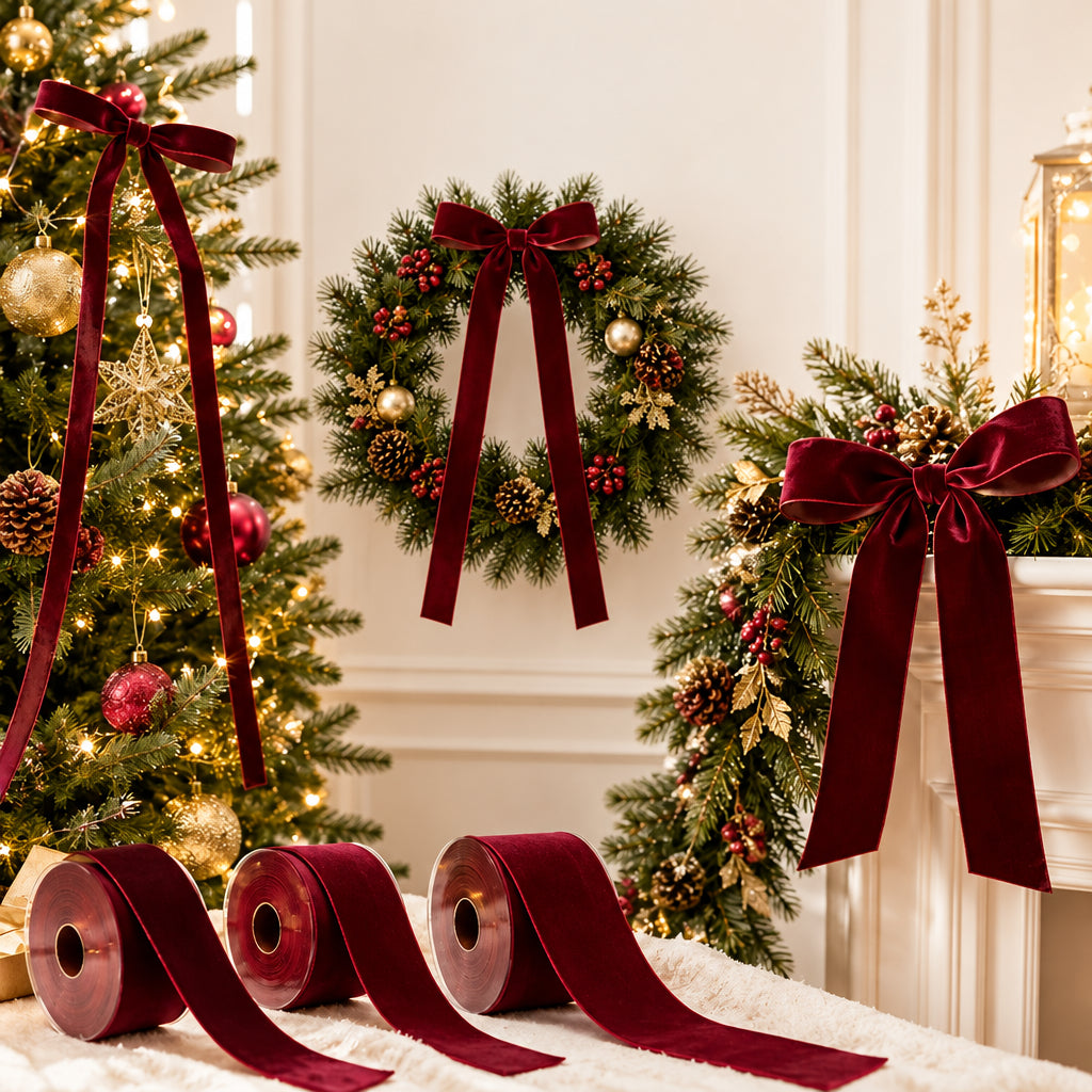 Trendbay 3-Roll Burgundy Velvet Ribbon Set Soft Flocked Velvet Trim