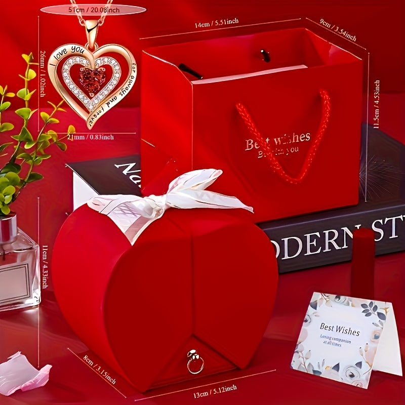 Trendbay Double-Layer Heart Pendant Necklace Gift Set with Rose Box & Greeting Card
