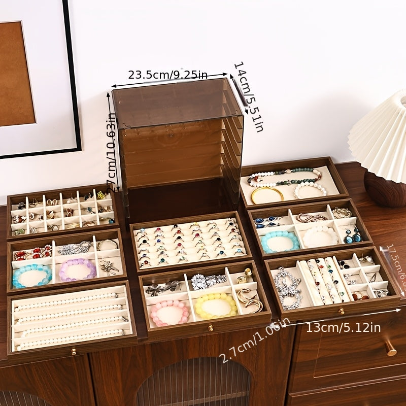 Trendbay 8-Layer Walnut Jewelry Box with Velvet Lining – Large Capacity Wooden Jewelry Organizer
