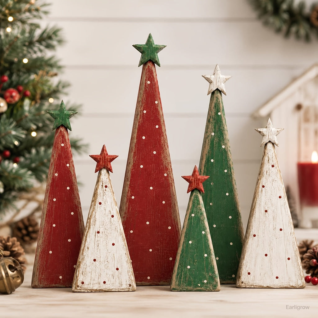Trendbay 6pcs Retro Multi-Layer Flat Wooden Christmas Tree Ornament Set