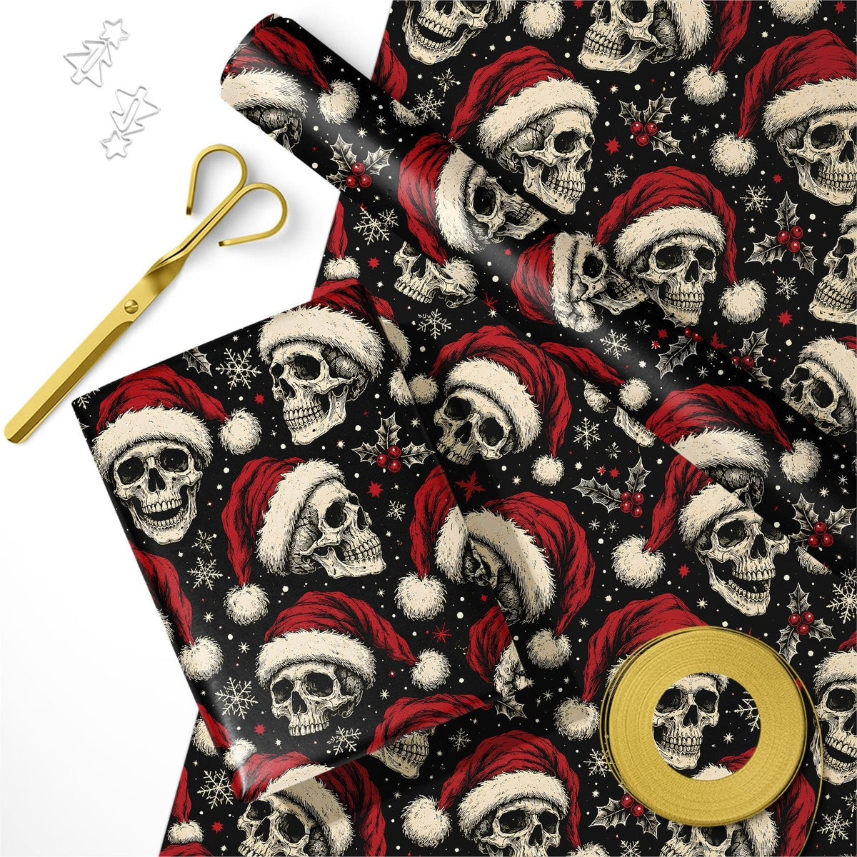 Trendbay Black Christmas Skull Gift Wrapping Paper Poinsettia 17.7 × 118 Inches