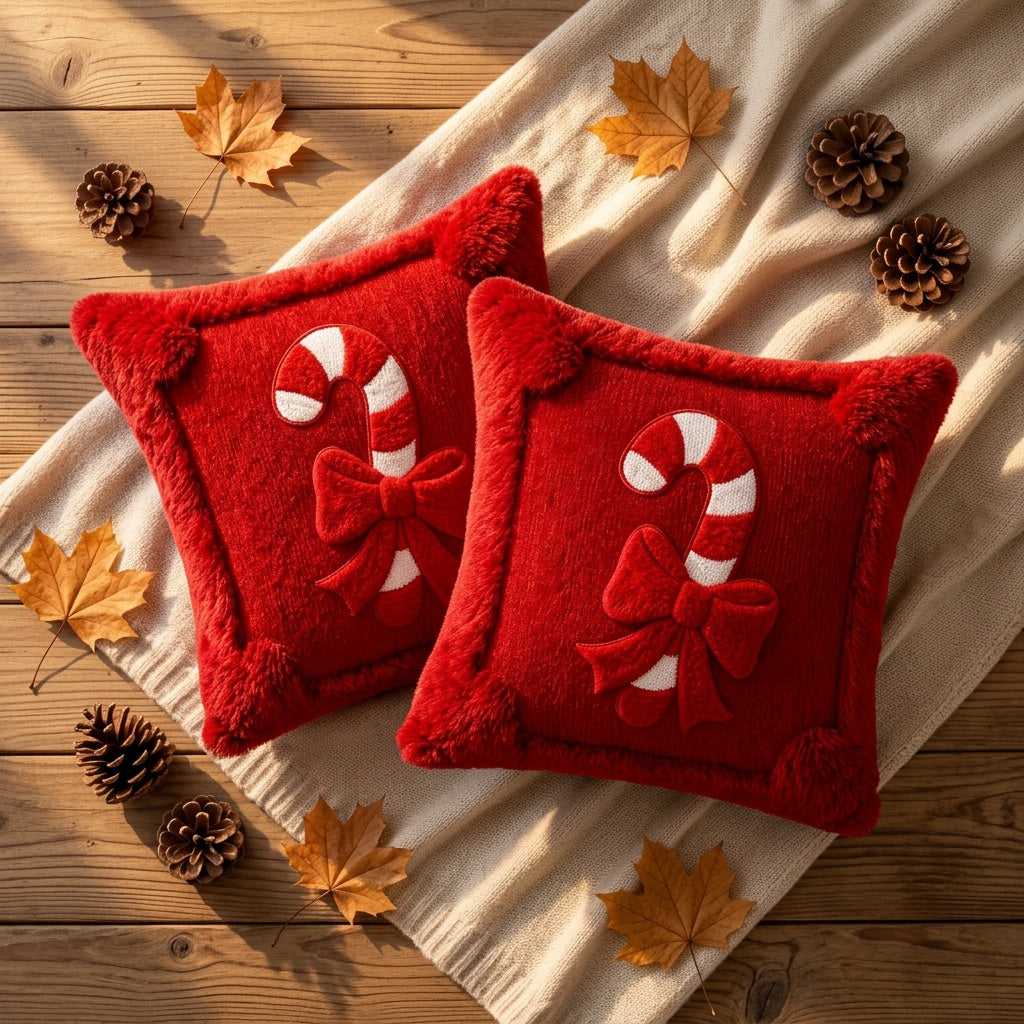 Trendbay Christmas Cushion Cover Set of 2 Plush Candy Ribbon Design