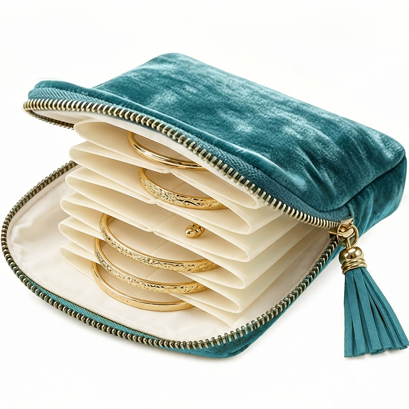 Trendbay Peacock Blue Velvet Travel Pouch Portable Zippered