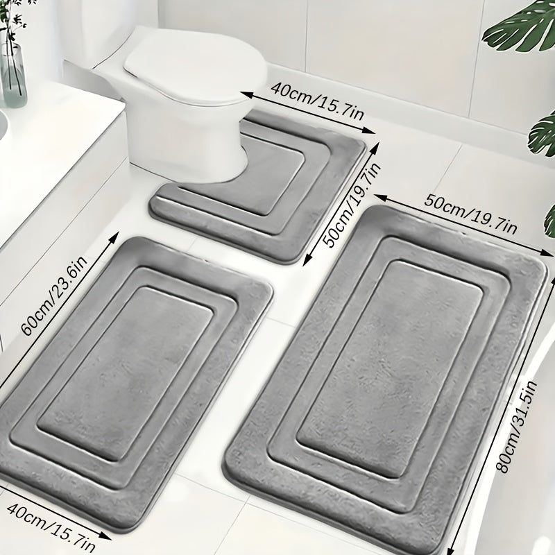 Trendbay 3pcs Grey Memory Foam Bathroom Mat Set Non-Slip Quick-Dry