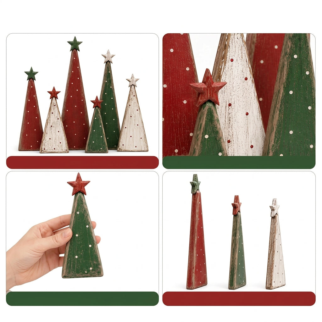Trendbay 6pcs Retro Multi-Layer Flat Wooden Christmas Tree Ornament Set