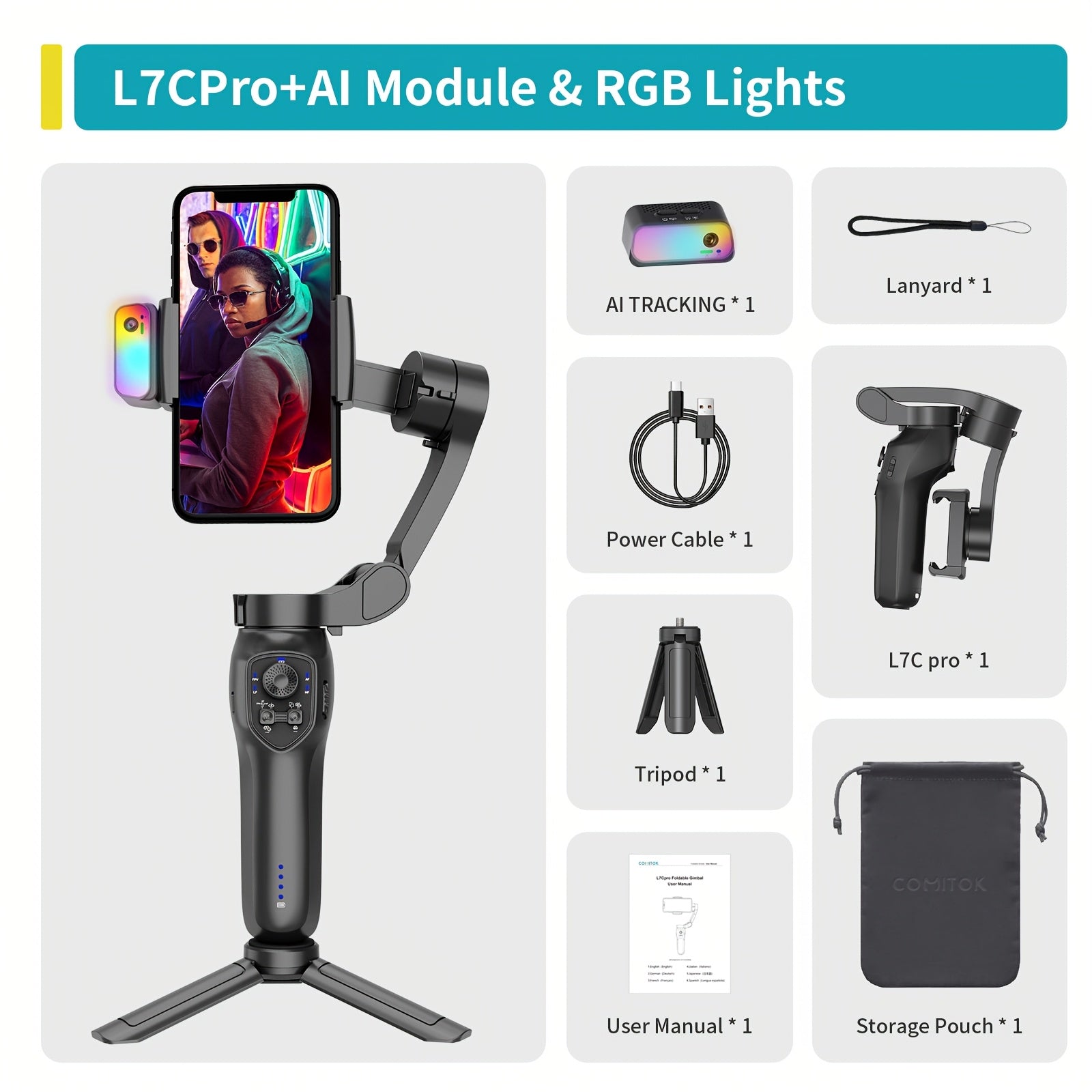 Trendbay L7C 3-Axis Gimbal – Smart Handheld Stabilizer with AI Tracking & Fill Light