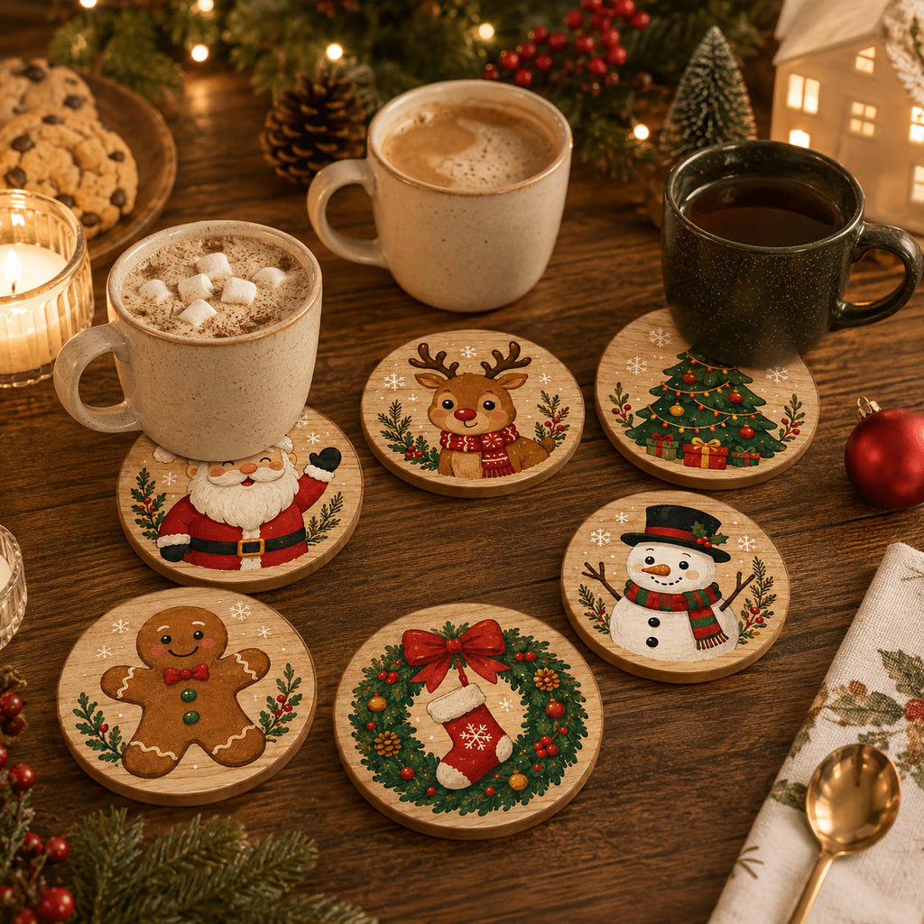 Trendbay 6pcs Wooden Christmas Coaster Set 10×10cm Festive Drink Mats