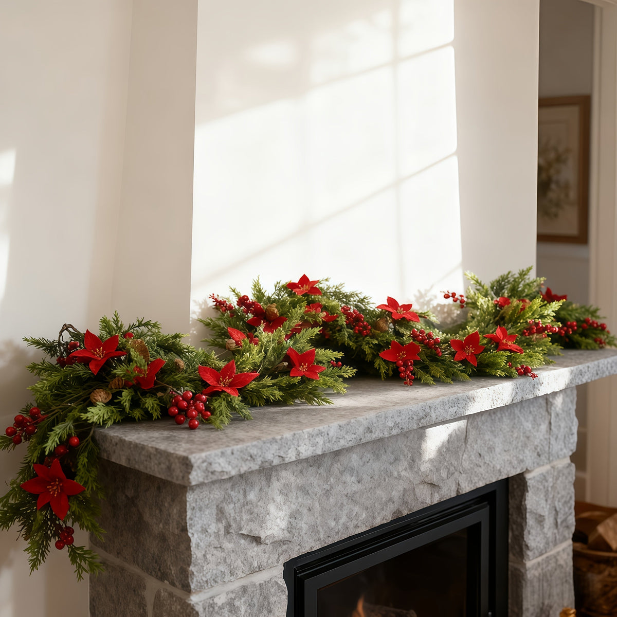 Trendbay 70.87-Inch Red Artificial Poinsettia Berry Vine Flower Garland