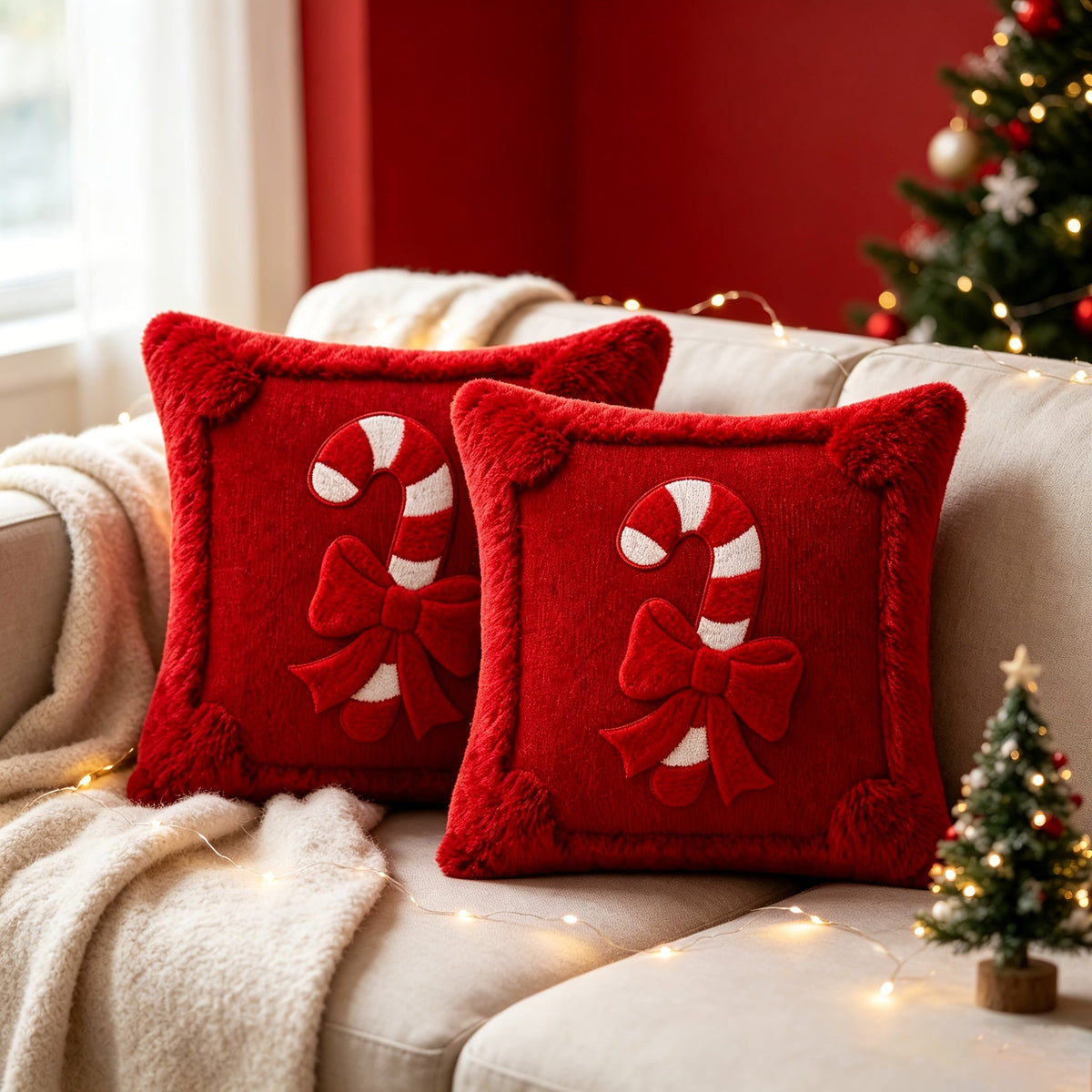 Trendbay Christmas Cushion Cover Set of 2 Plush Candy Ribbon Design