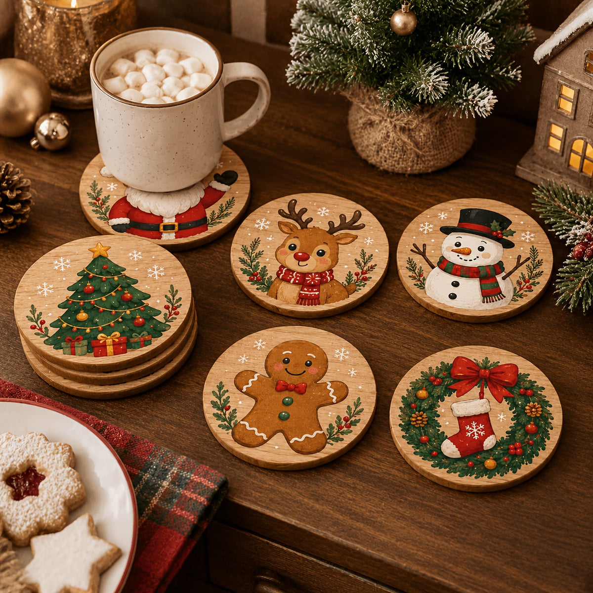 Trendbay 6pcs Wooden Christmas Coaster Set 10×10cm Festive Drink Mats