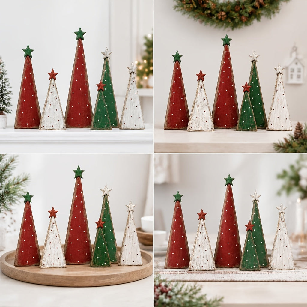 Trendbay 6pcs Retro Multi-Layer Flat Wooden Christmas Tree Ornament Set