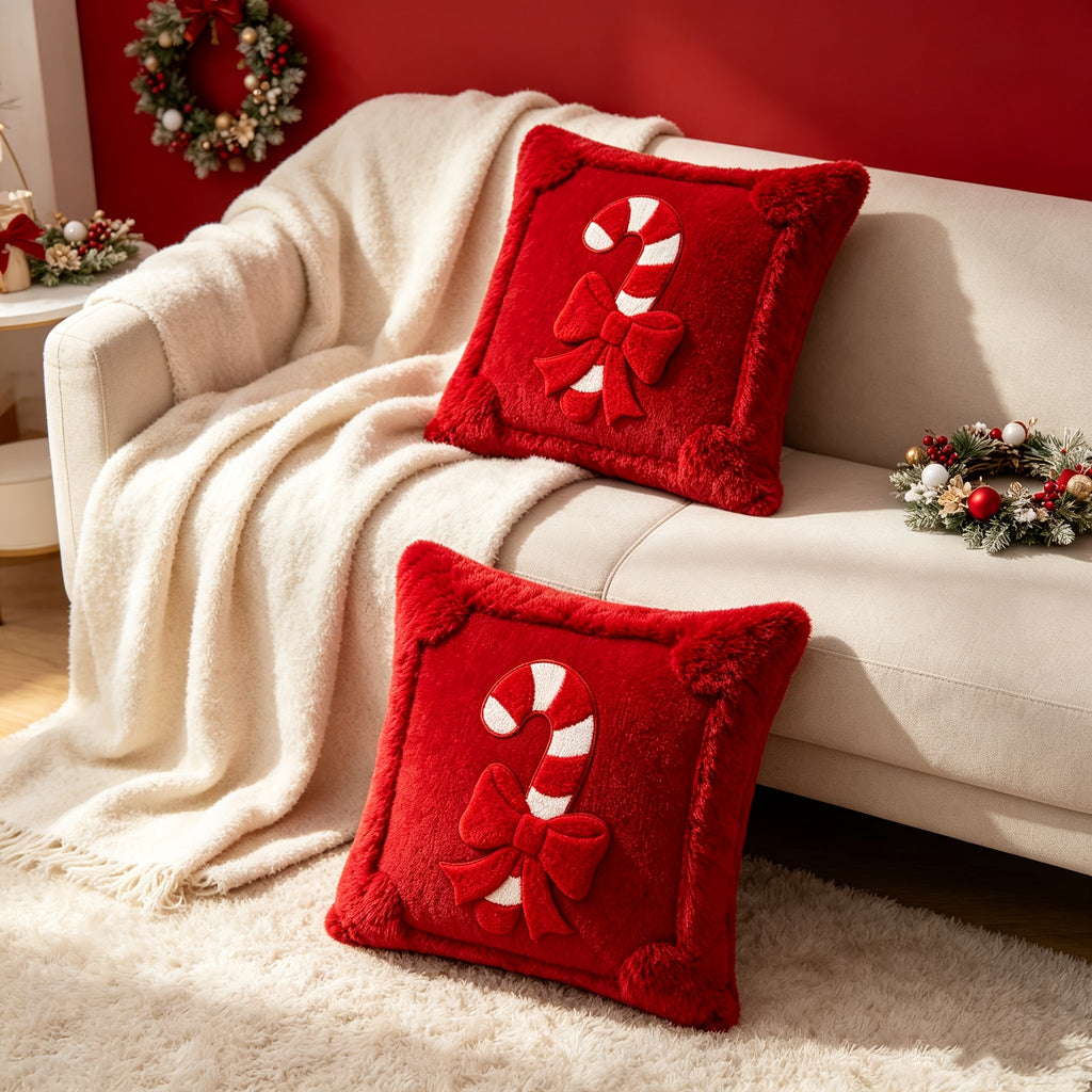 Trendbay Christmas Cushion Cover Set of 2 Plush Candy Ribbon Design