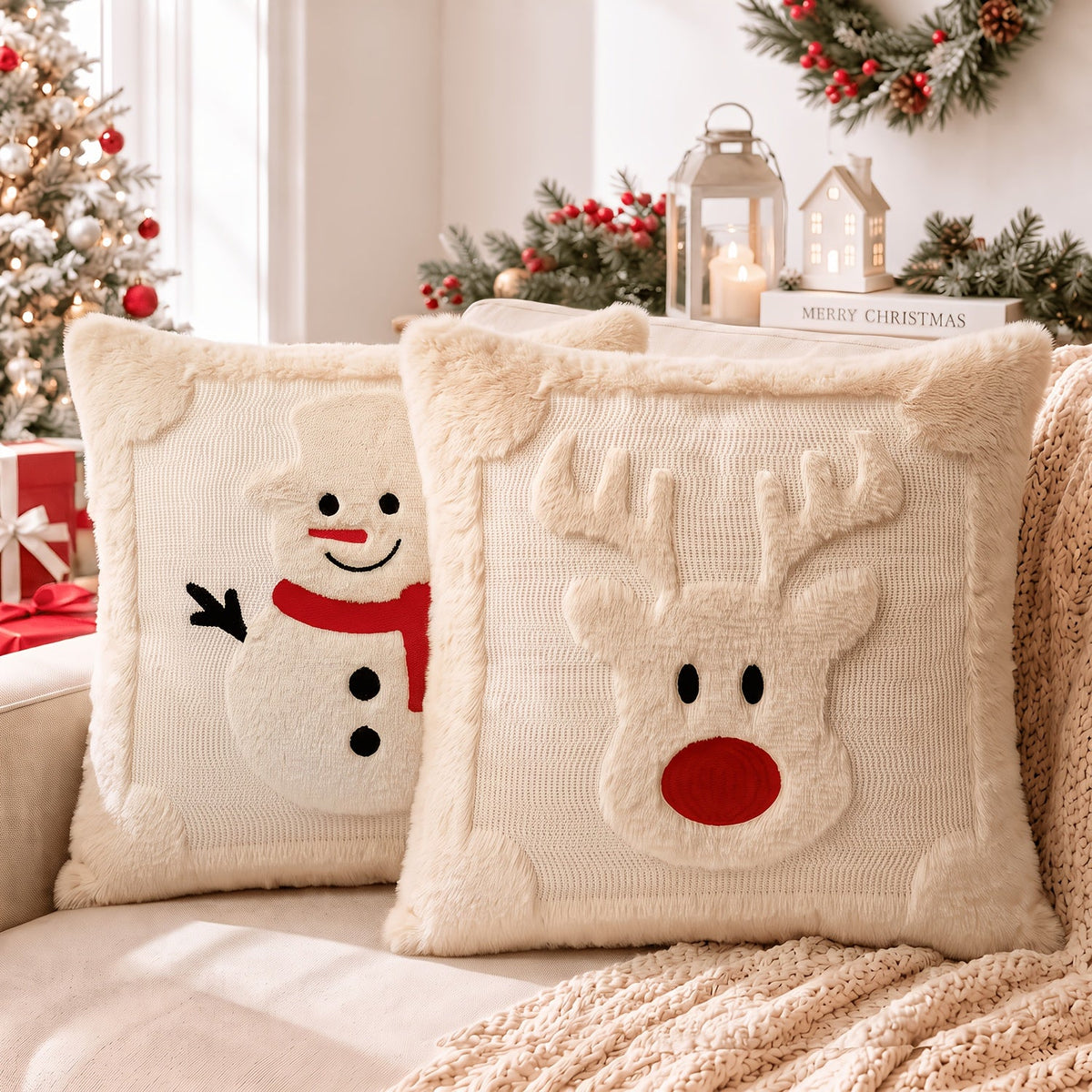Trendbay 2-Pack 3D Jacquard Christmas Reindeer & Snowman Pillow Covers