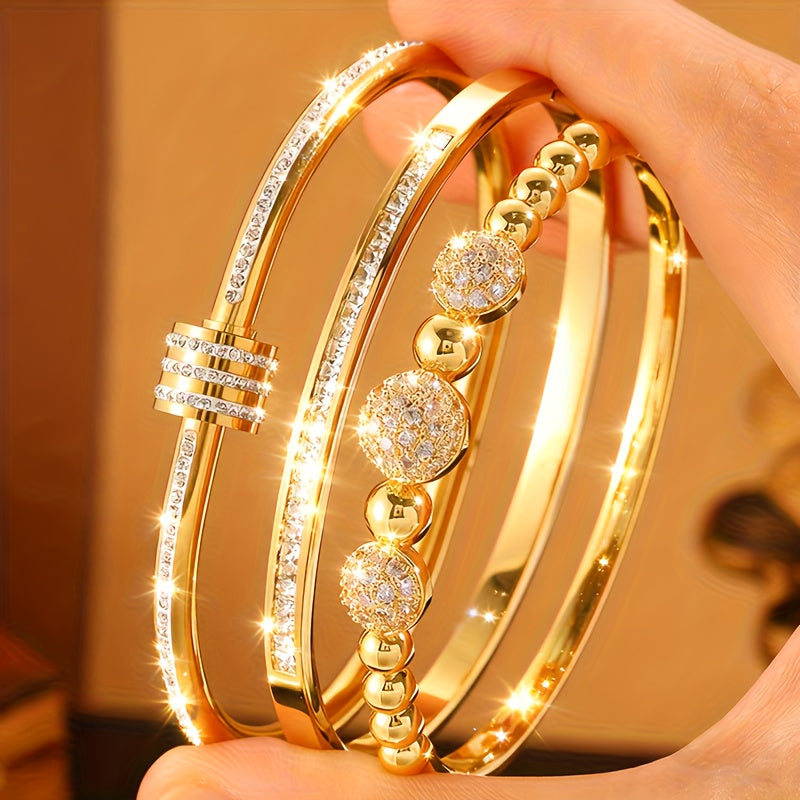 Trendbay 3-Piece Stainless Steel Beaded Bracelet Set – Copper-Plated Fashion Jewelry for Women