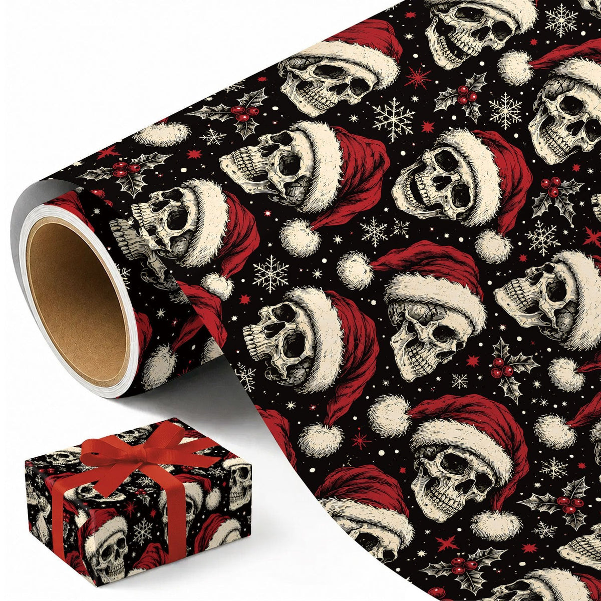 Trendbay Black Christmas Skull Gift Wrapping Paper Poinsettia 17.7 × 118 Inches