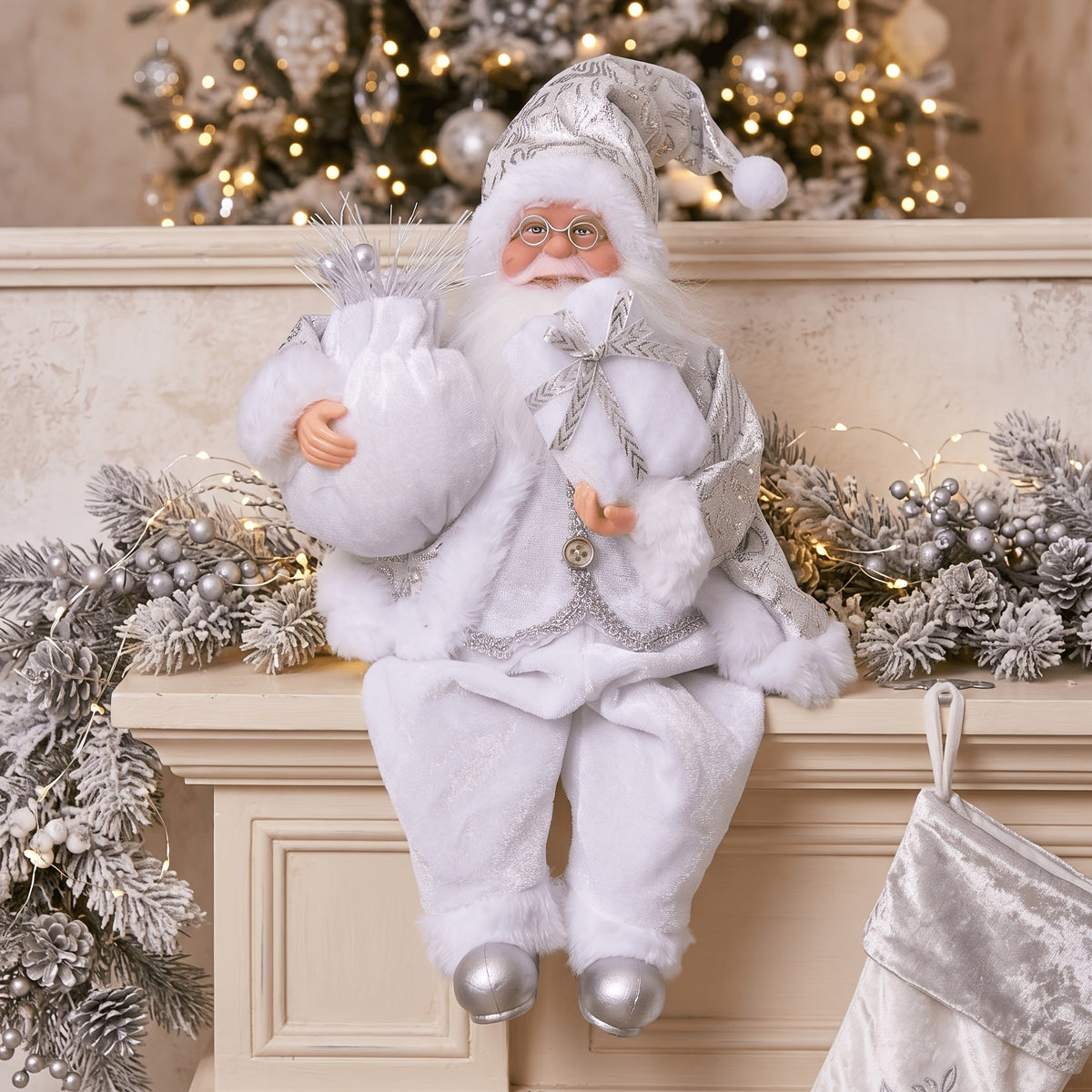 Trendbay Sitting Santa Claus Figurine White & Silver 1pc 13-In