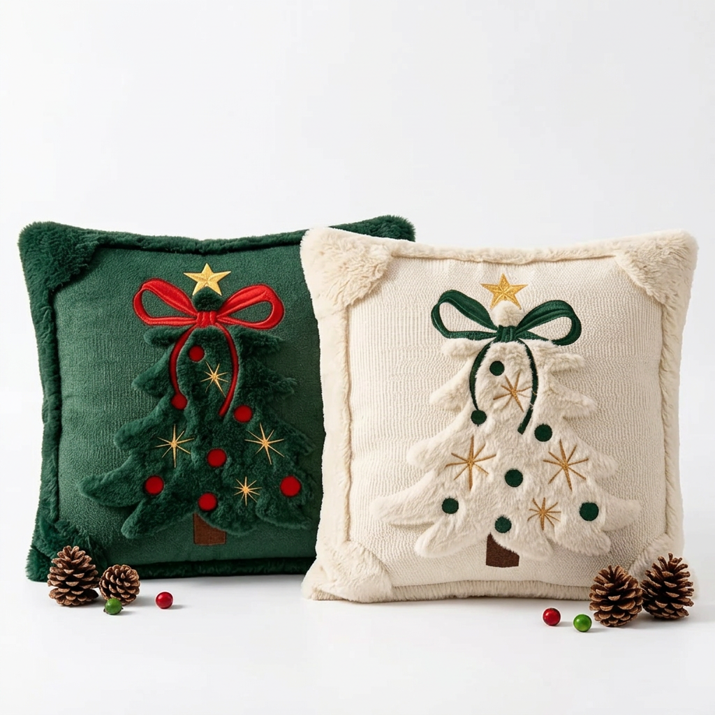 Trendbay Christmas Tree Cushion Cover Set of 2 Plush Bow & Star Design