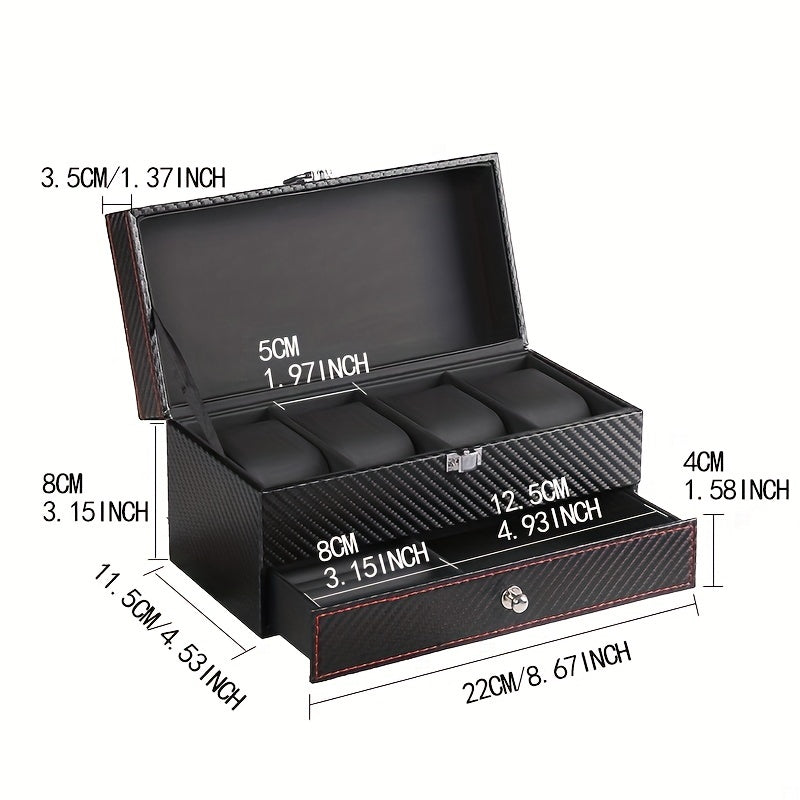 Trendbay Luxury Carbon Fiber Watch Display Box with Jewelry Drawer – 4-Slot Watch Organizer
