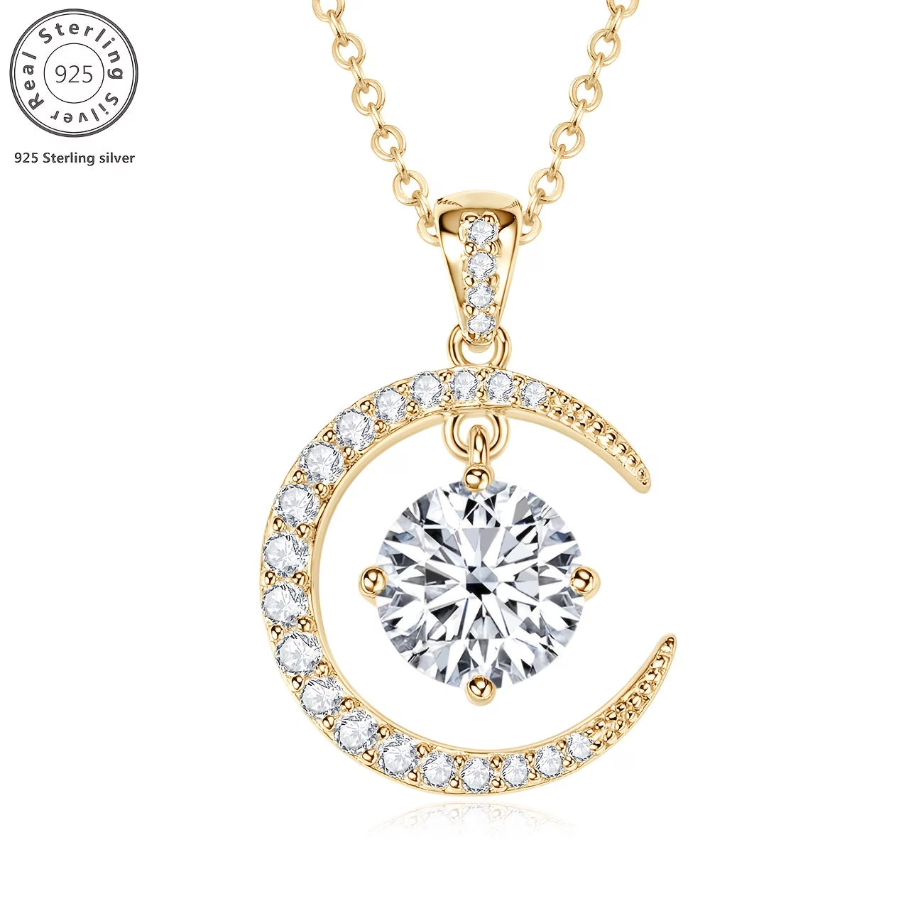 Trendbay Sterling Silver Moon Pendant Necklace with Moissanite – Gold-Plated Elegant Women's Necklace