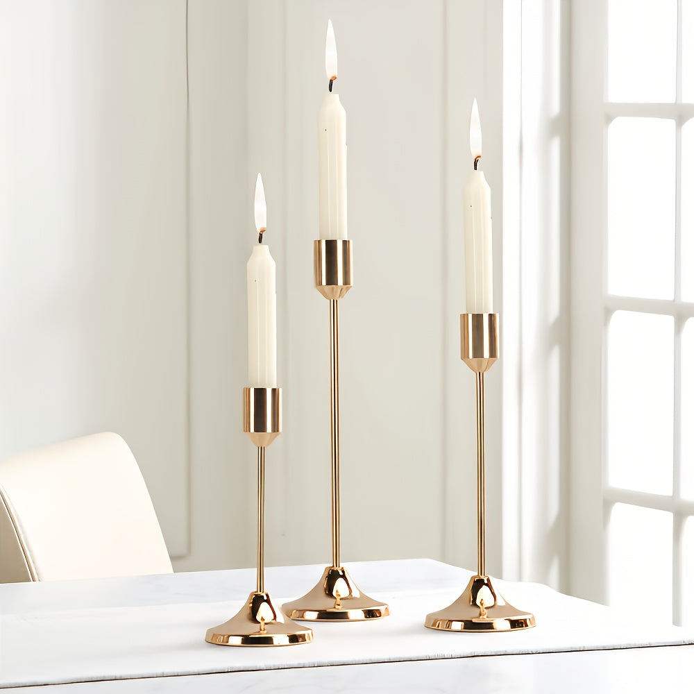 Trendbay 3-Piece French Golden Metal Candle Holder Set – Decorative L-Shaped