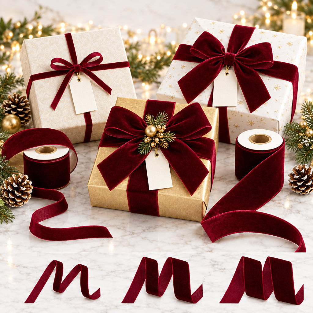 Trendbay 3-Roll Burgundy Velvet Ribbon Set Soft Flocked Velvet Trim