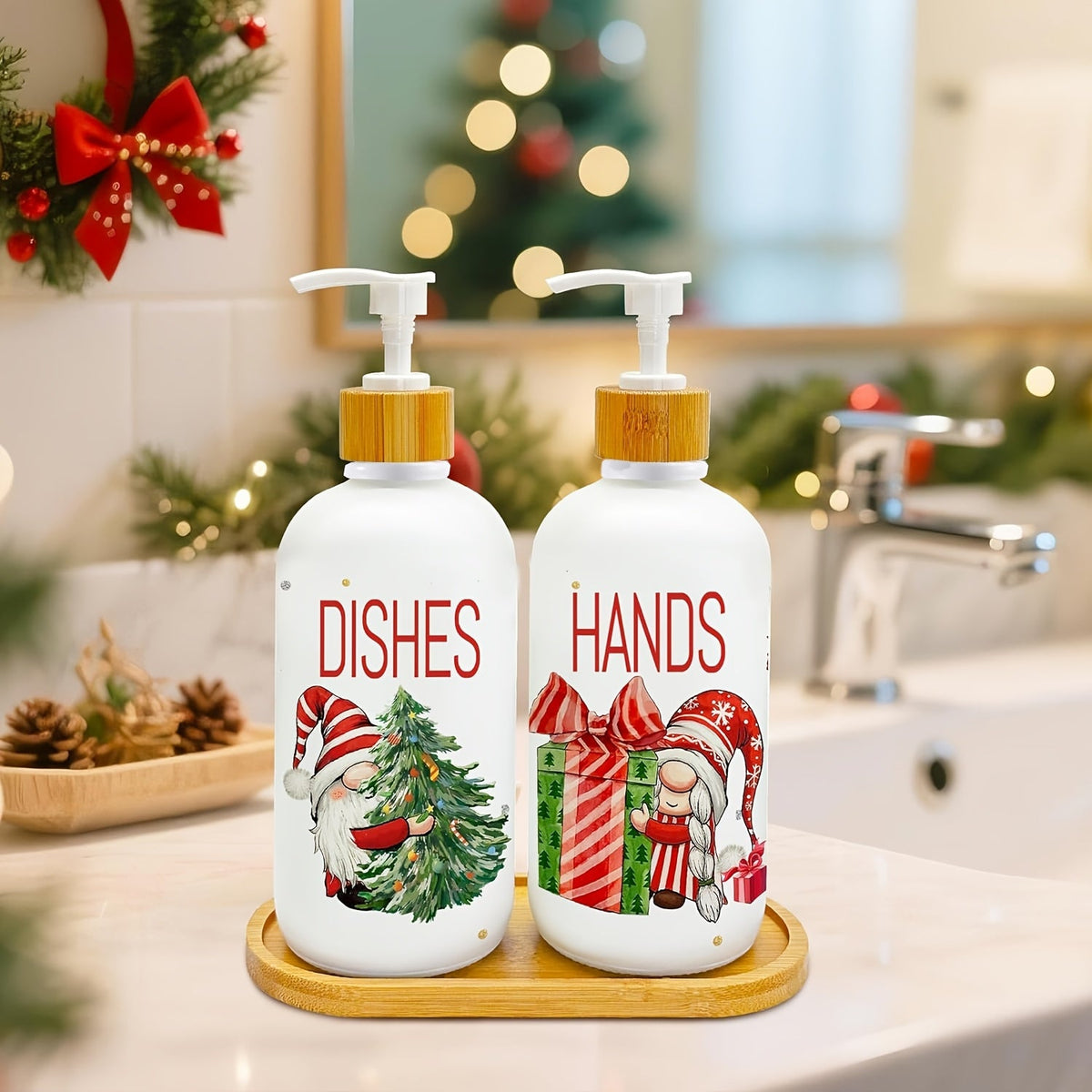 Trendbay Christmas Gnome Soap Dispenser Set with 1 Tray