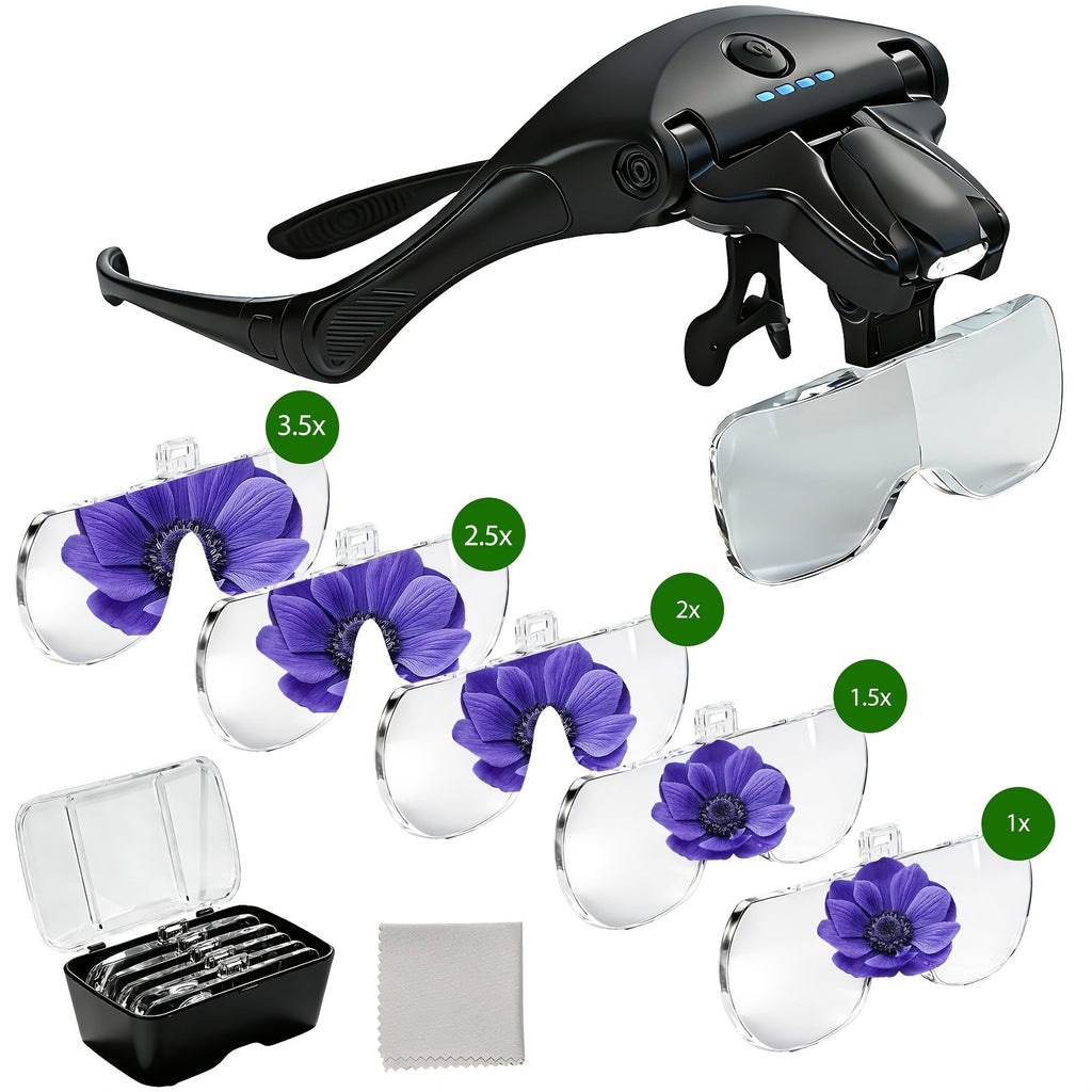 Trendbay Rechargeable Head-Mounted LED Magnifying Glass – 5 Interchangeable Lenses (1X–3.5X) for Precision Work