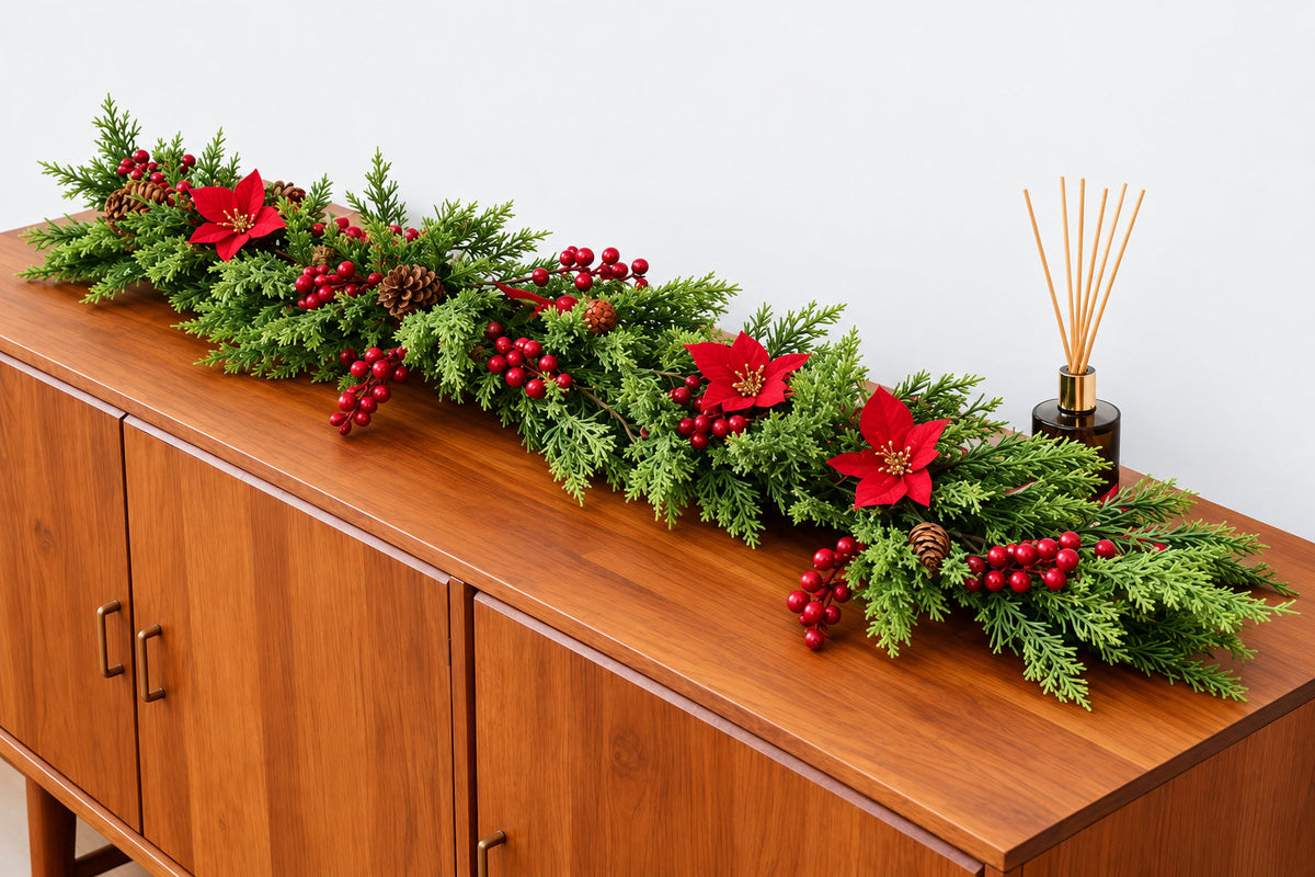 Trendbay 70.87-Inch Red Artificial Poinsettia Berry Vine Flower Garland