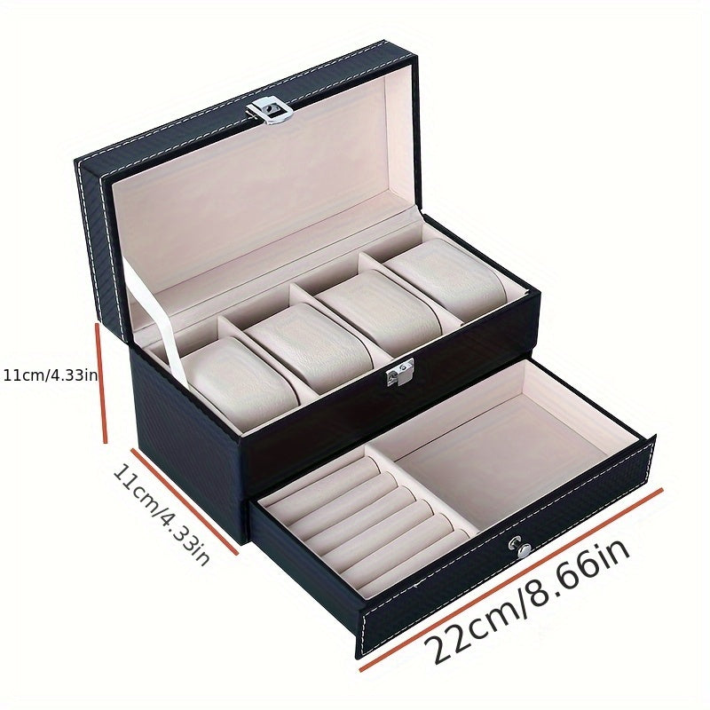 Trendbay PU Leather Double-Layer Jewelry & Watch Storage Box – 4-Slot Organizer for Watches and Accessories