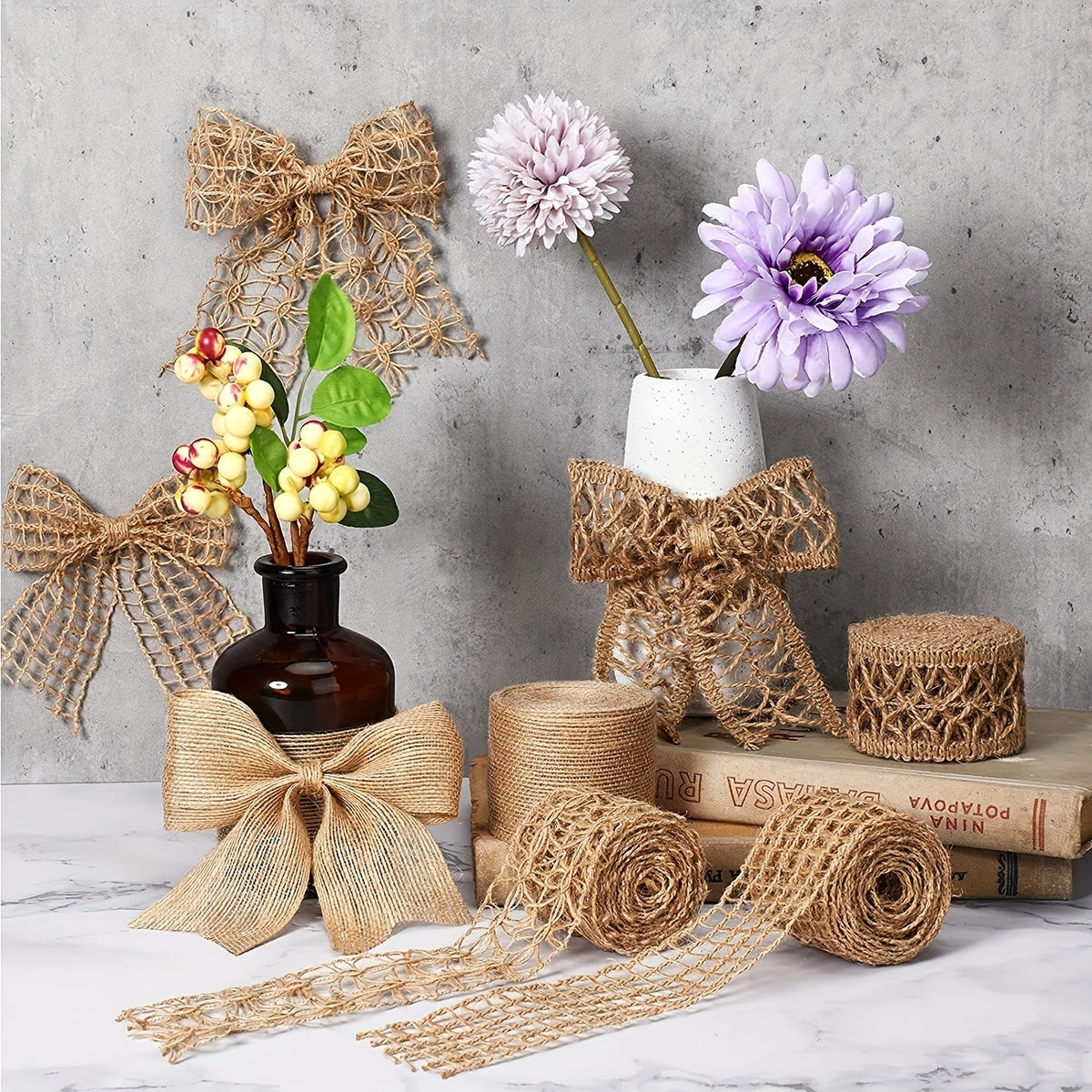 Trendbay 4-Roll Natural Hemp Rope Lace Net Ribbon 1.97-Inch