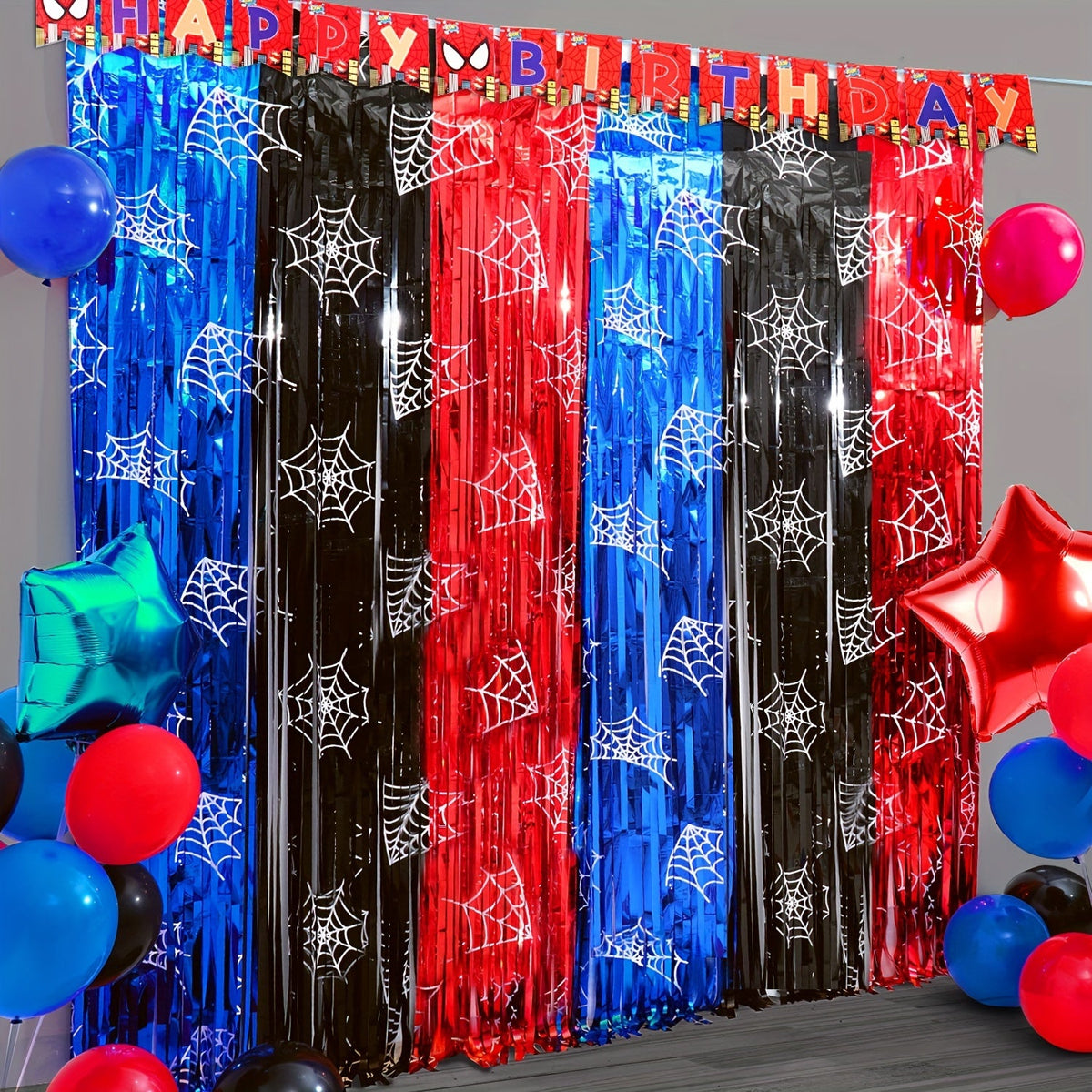 Trendbay Spider Web Foil Fringe Backdrop – Red, Black & Blue