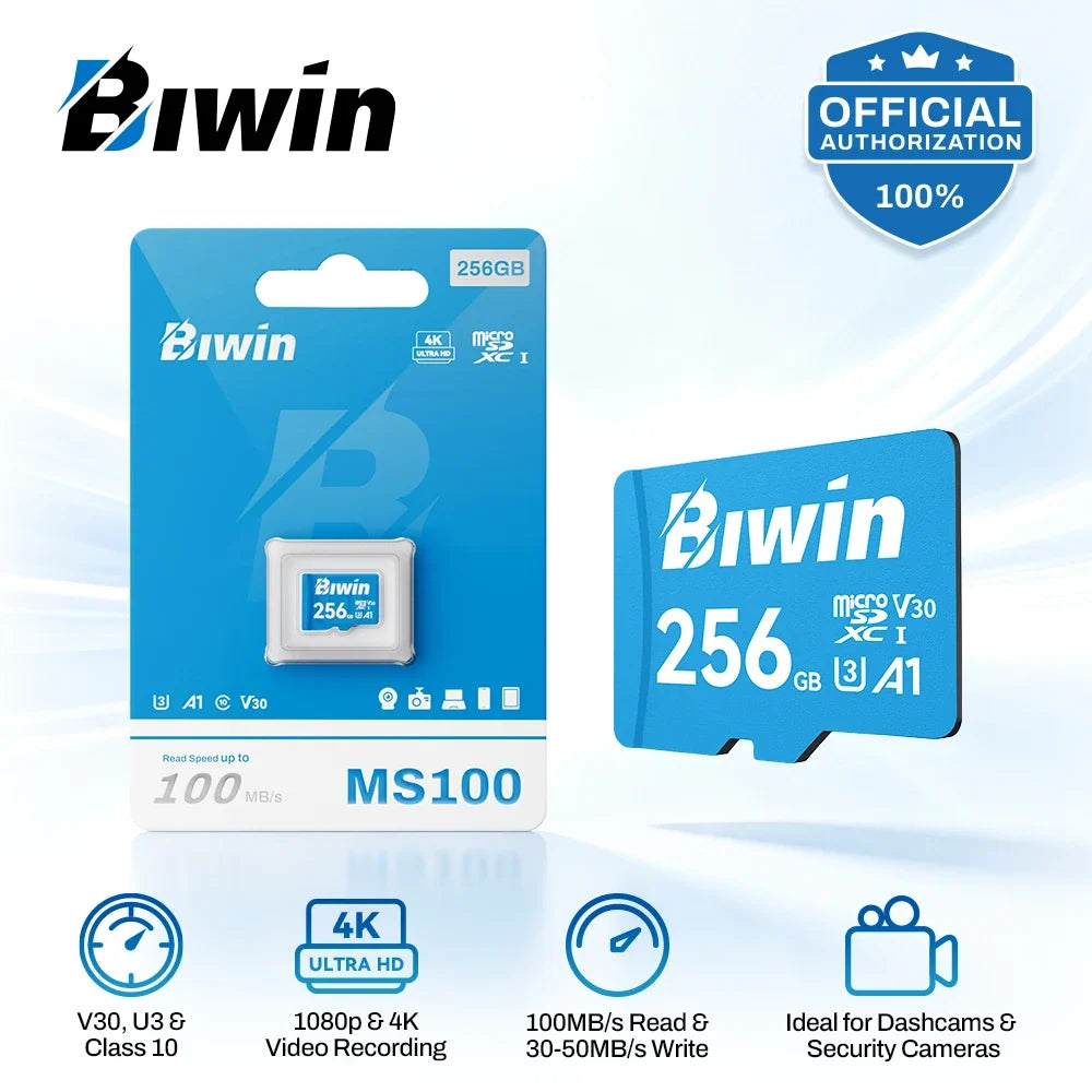 Trendbay Biwin 256GB MicroSDXC Memory Card UHS-I A1 V30 U3 Class 10, Up to 100MB/s