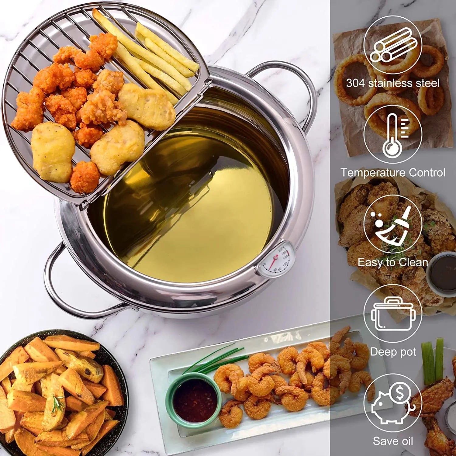 Trendbay Japanese 304 Stainless Steel Deep Frying Pot with Lid