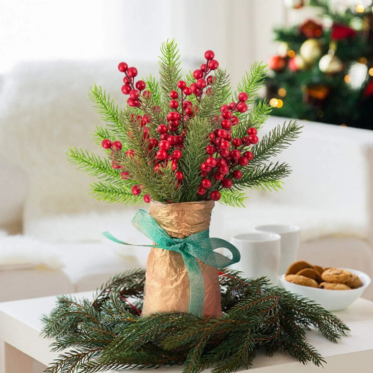 Trendbay Artificial Pine Branches with Red Berries 10Pcs