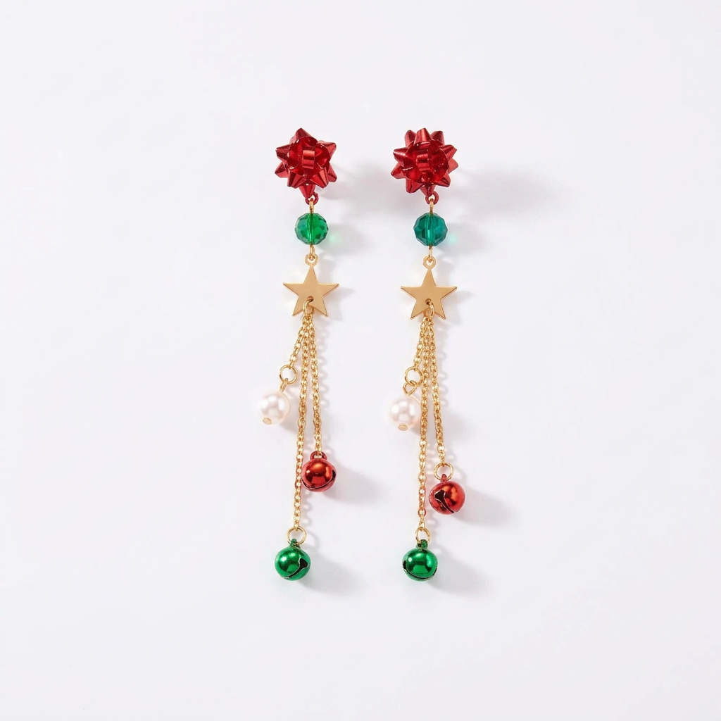 Trendbay Christmas Ribbon Star Tassel Drop Earrings for Women