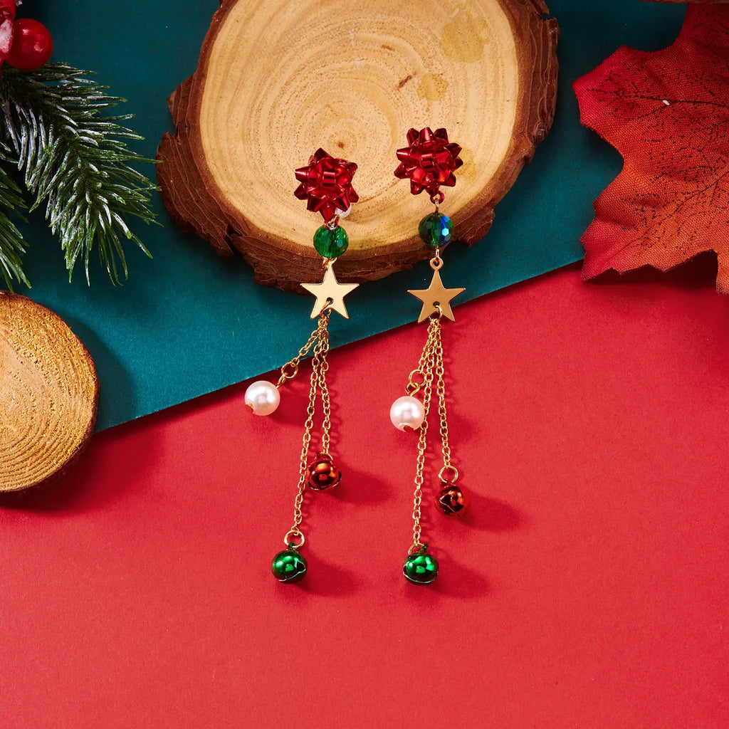 Trendbay Christmas Ribbon Star Tassel Drop Earrings for Women