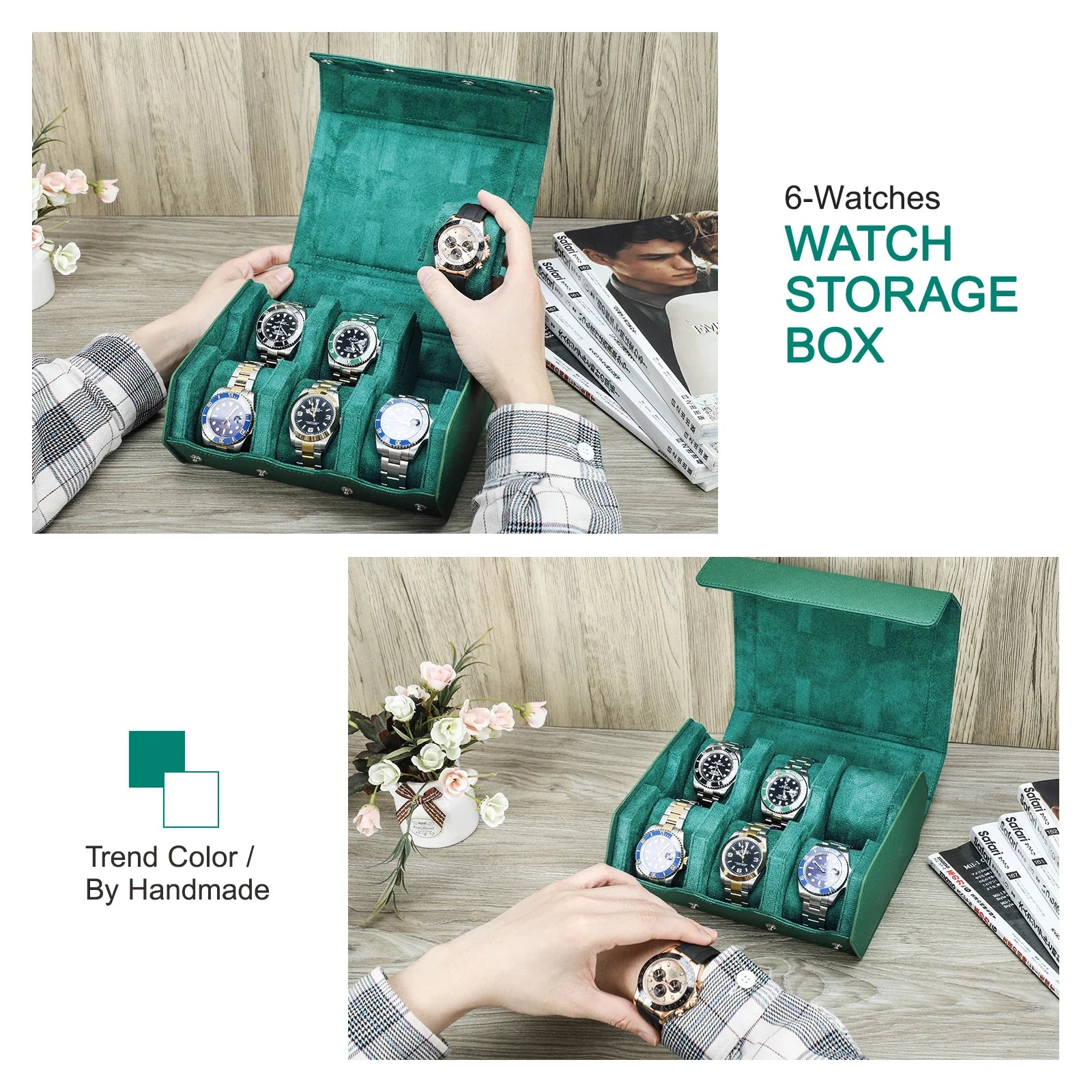 Trendbay 6-Slot Genuine Leather Watch Roll – Hexagon Watch Storage & Travel Display Case