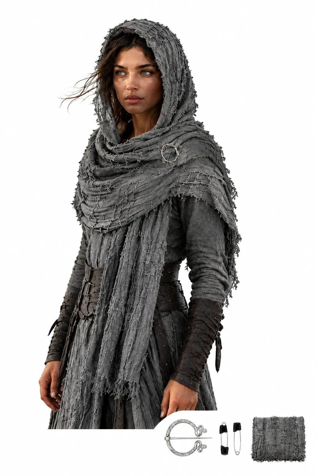Trendbay Medieval Hooded Scarf Cloak Tattered Layered Polyester Shawl