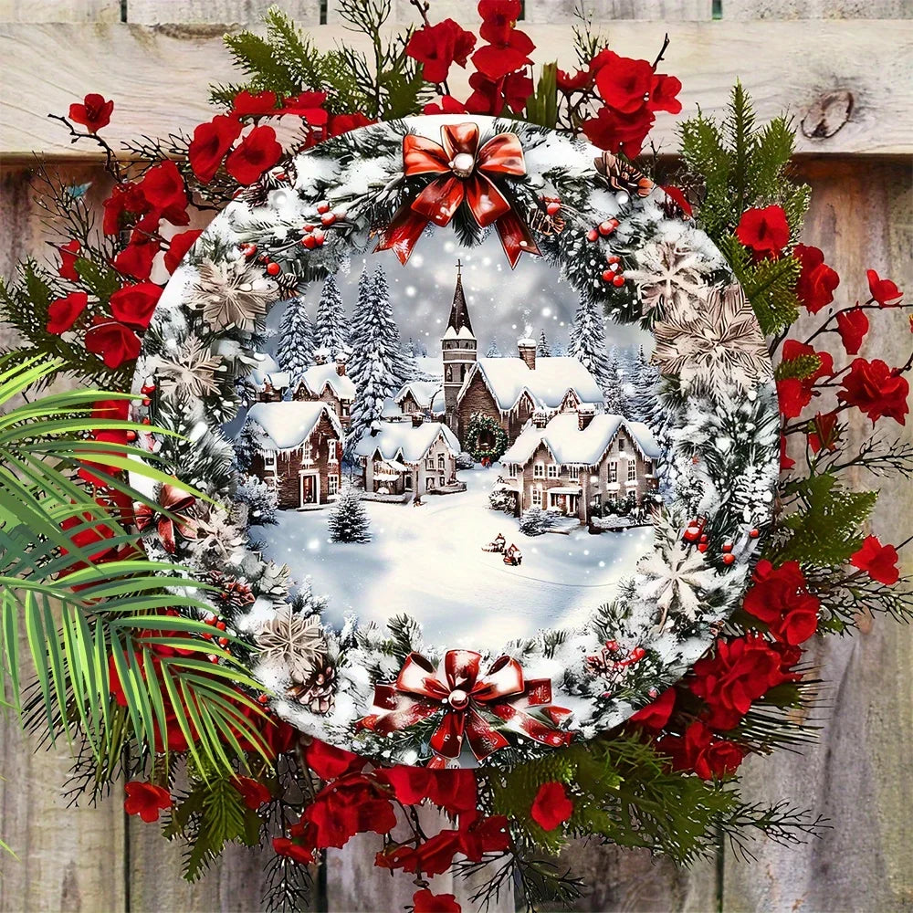 Trendbay 2D Flat Christmas Wooden Sign Ice & Snow Town Wreath