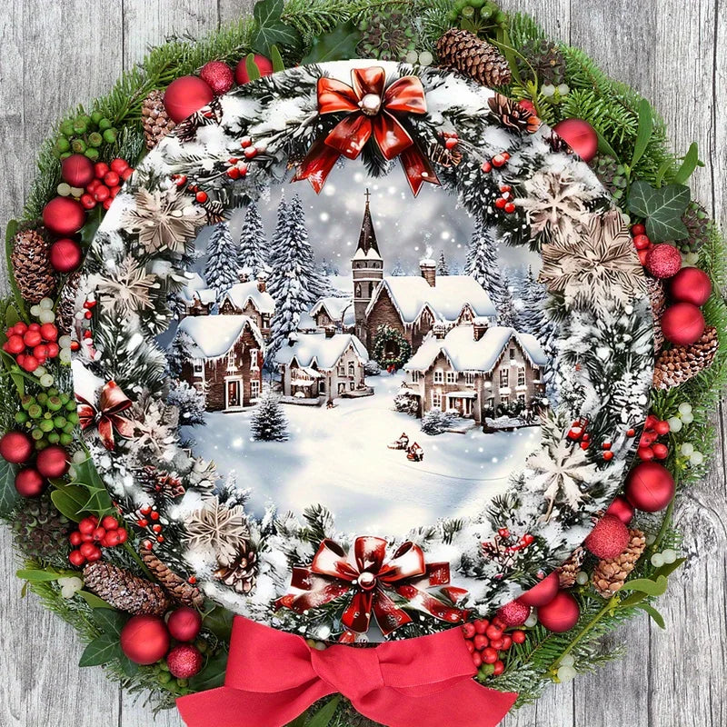 Trendbay 2D Flat Christmas Wooden Sign Ice & Snow Town Wreath